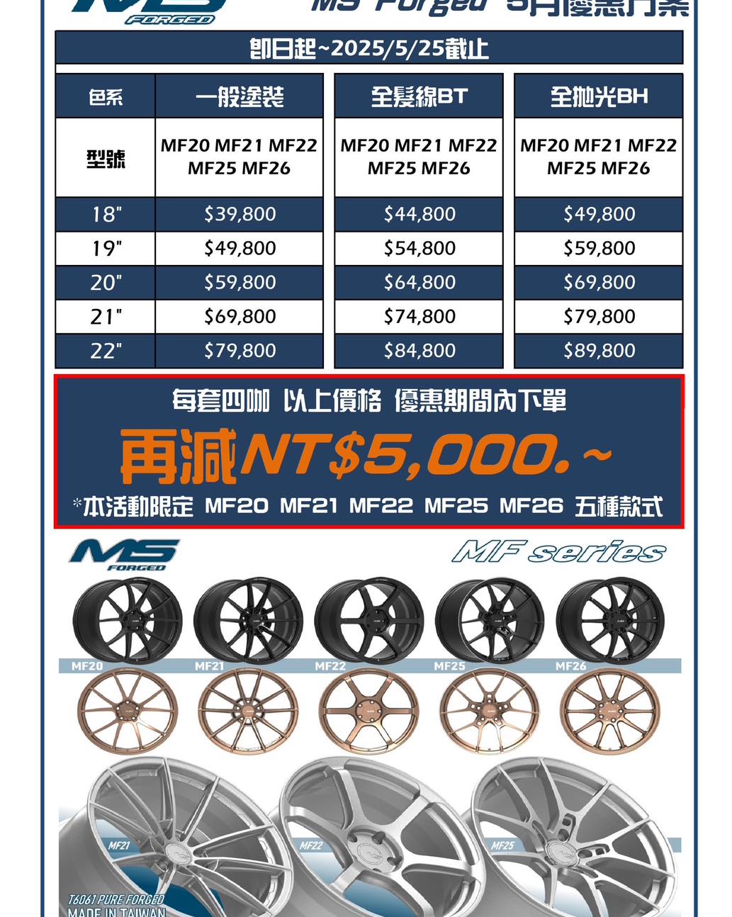 客製化全鍛造五月優惠款式MS Forged MF20 MF21 MF22 MF25 MF26每套四咖最低至$34,800~的第2張圖片